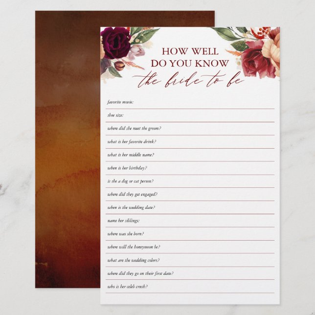 Papier Connaissez-Vous Bien L'Épouse Pour Être Fête des m (Devant / Derrière)