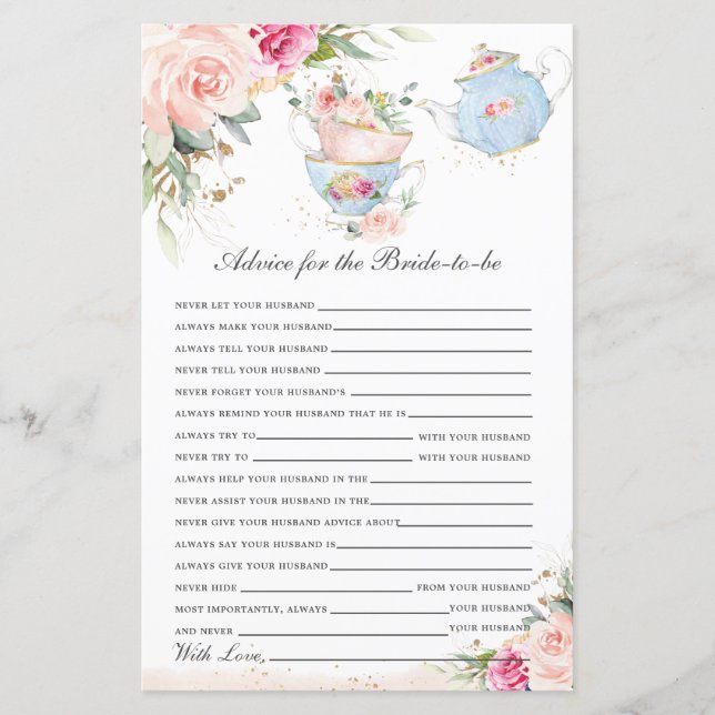 Papier Conseil Floral Tea Party pour la mariée à jouer (Devant)