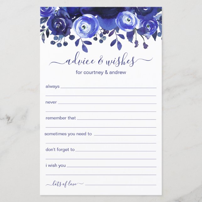 Papier Conseil mariage et souhaits Floral Bleu (Devant)