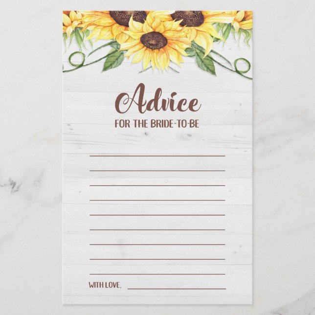 Papier Conseil pour la mariée d'être Sunflower Shower Car (Devant)