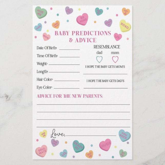 Papier Conseils de bonbons pour Baby shower Game (Devant)