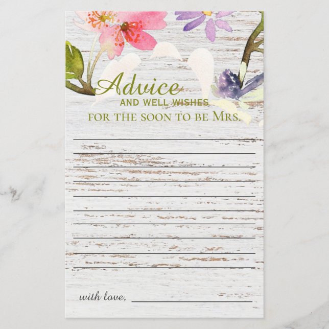 Papier Conseils de Fête des mariées Rustic Rose Florals (Devant)