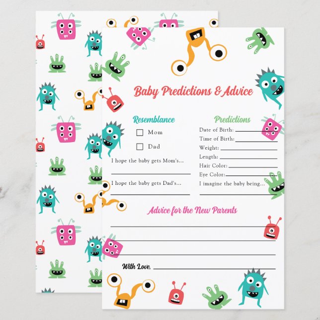 Papier Conseils de prédictions Little Monster Baby shower (Devant / Derrière)