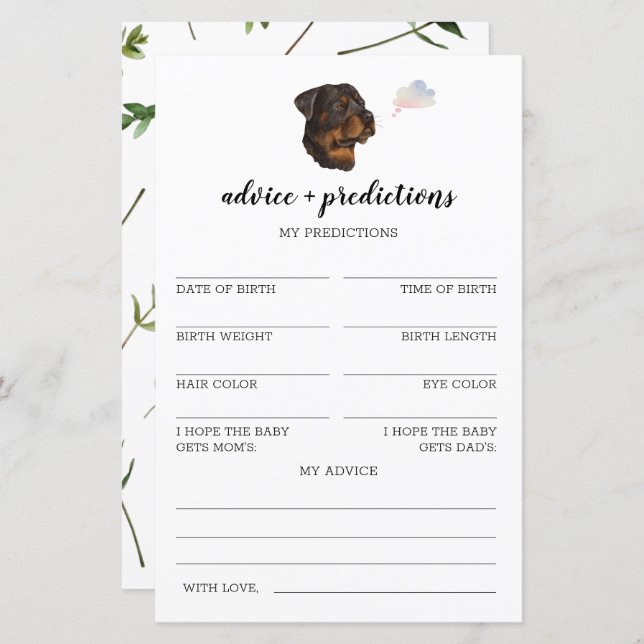 Papier Conseils et prédictions Baby shower Rottweiler (Devant / Derrière)