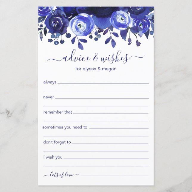 Papier Conseils et souhaits Blue Floral LGBTQ Mariage (Devant)