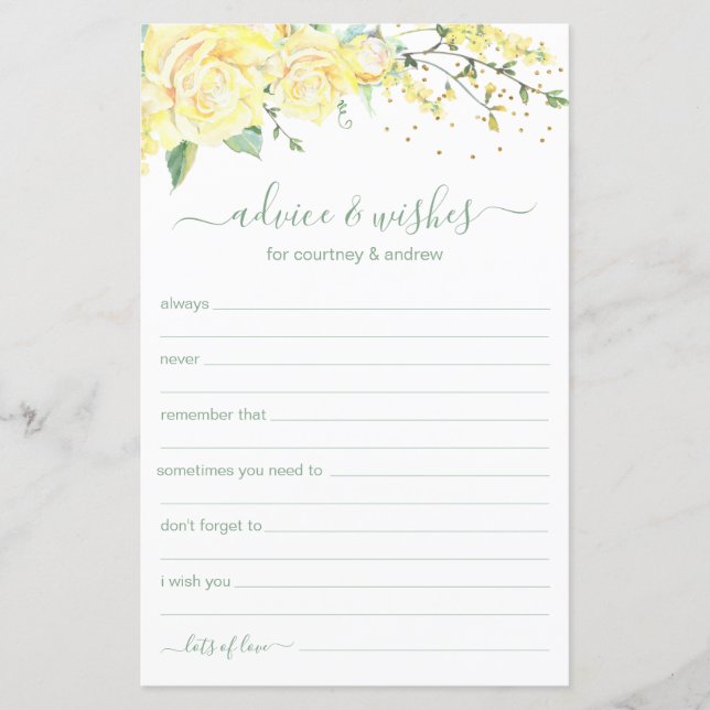 Papier Conseils et souhaits Élégant Floral Jaune (Devant)