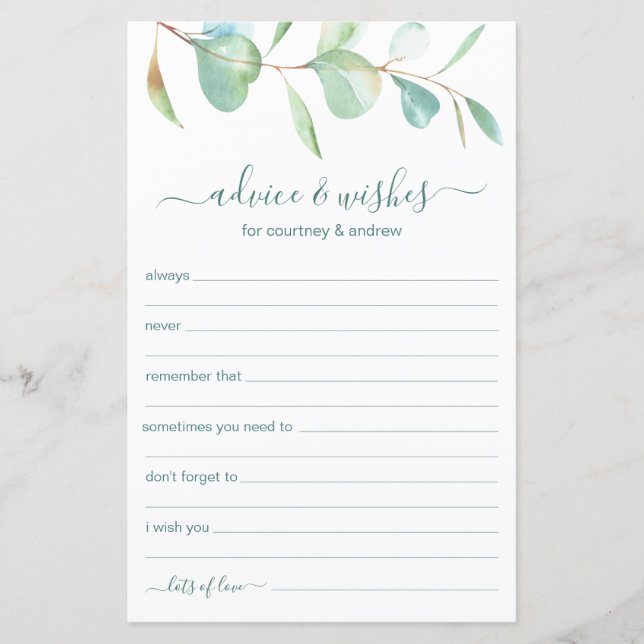 Papier Conseils et souhaits mariages Eucalyptus (Devant)