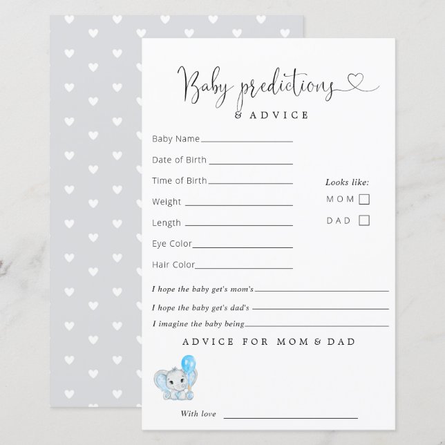 Papier Conseils sur les prévisions de Baby shower des élé (Devant / Derrière)