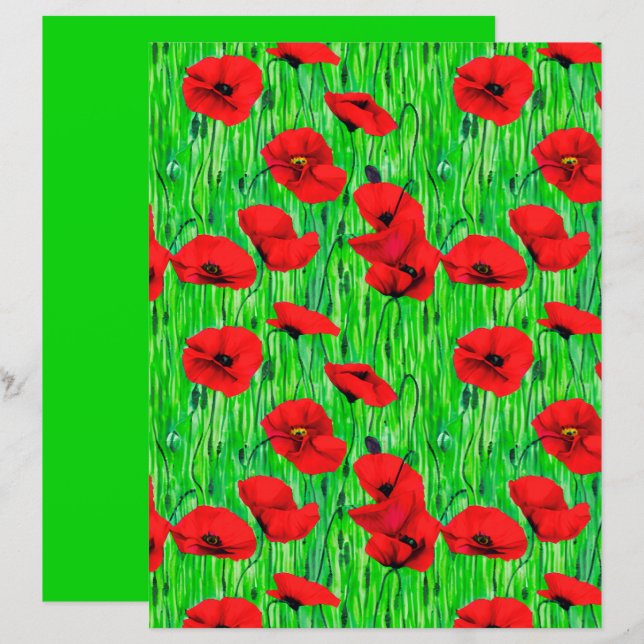 Papier Coquelicots rouges dans un champ vert  (Devant / Derrière)