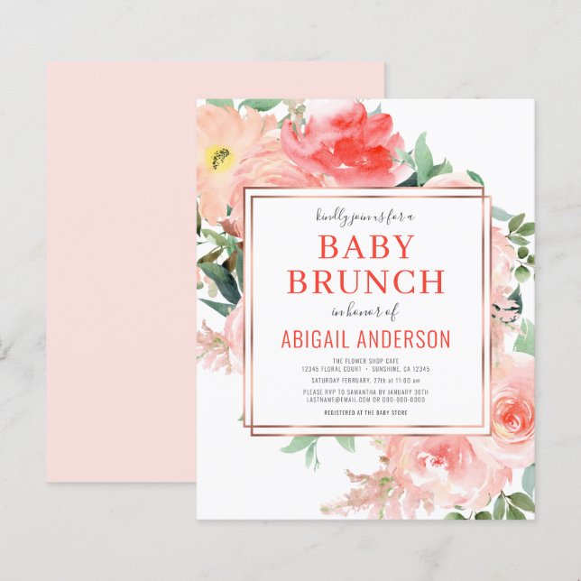 Papier Coral Floral Pêche Bébé Brunch Invitation (Devant / Derrière)