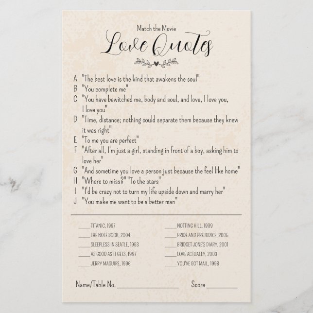 Papier Correspondre aux citations d'amour du film Mariage (Devant)