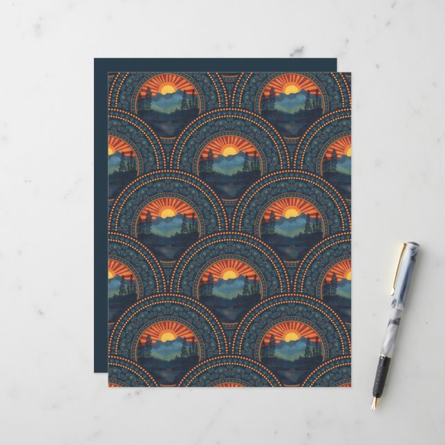 Papier Coucher de soleil vintage Mandala Art Déco St Jacq (Devant/Arrière en situation)