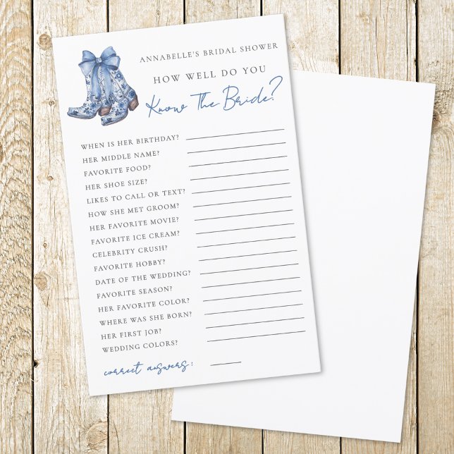 Papier Country Blue Bow Cowboy Fête des mariées Jeu (Country Blue Bow Cowboy Bridal Shower Game)