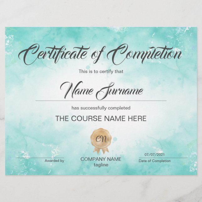 Papier Cours d'attribution d'un certificat d'achèvement m (Devant)