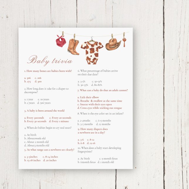 Papier Cowboy baby shower - Baby Trivia Game (Créateur téléchargé)