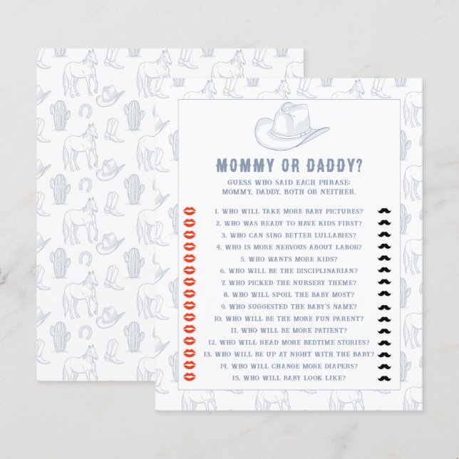 Papier cowboy toile de jouy - baby shower maman ou papa (Devant / Derrière)