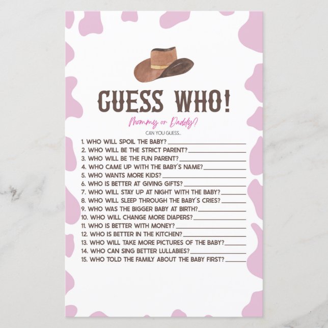 Papier Cowgirl Rodeo Western Devins Qui Baby shower Jeu (Devant)