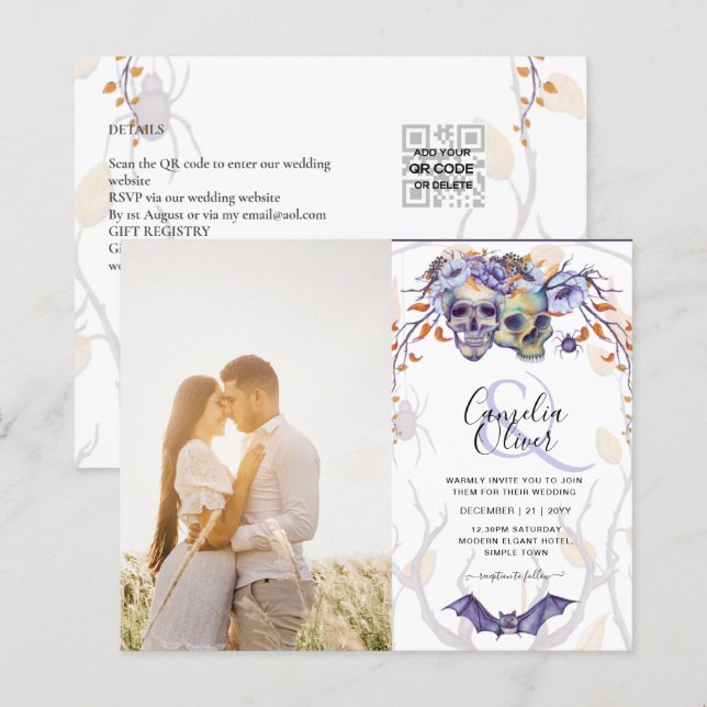 Papier Crâne gothique Faire-part de mariage violet orange (Devant / Derrière)