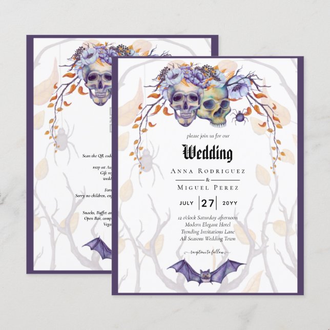 Papier Crâne gothique Faire-part de mariage violet orange (Devant / Derrière)
