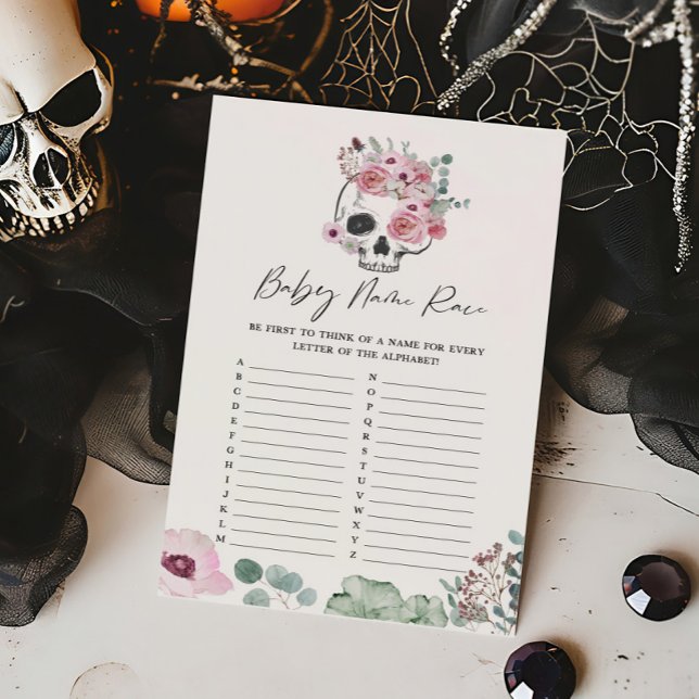 Papier Crâne rose gothique floral Nom de la race Jeu (Floral Skull Baby Shower Baby Name Race Game)