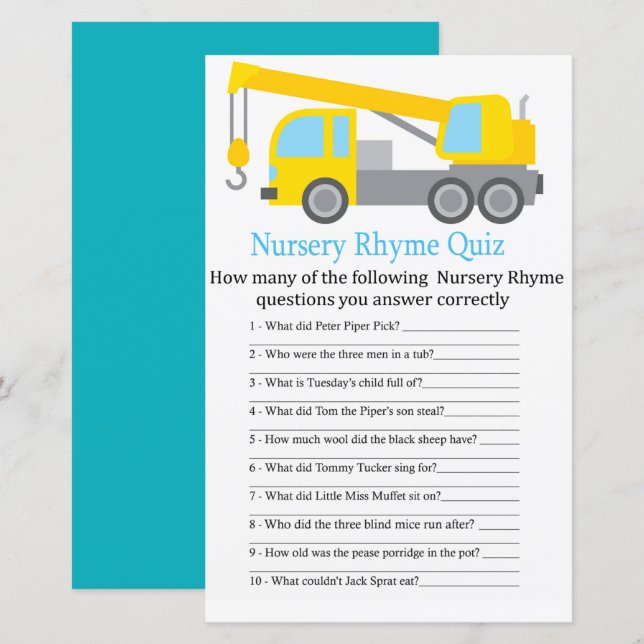 Papier Crane Truck Nursery Rhyme Quiz jeu de baby shower (Devant / Derrière)