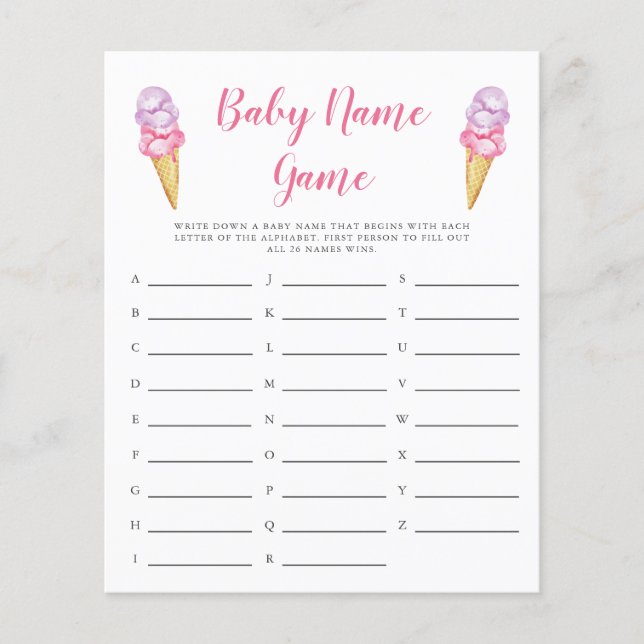 Papier Crème de glace rose Nom de bébé Douche Jeu (Devant)