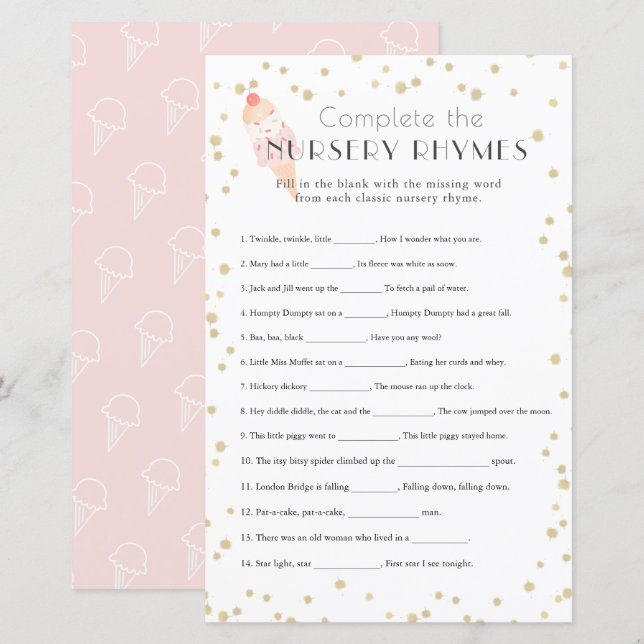 Papier Crème glacée rose Baby shower Nursery Rhymes (Devant / Derrière)