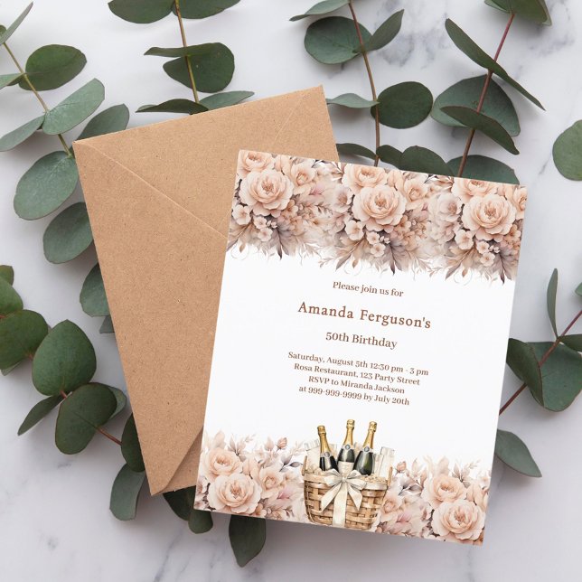 Papier Crème rose florales boho invitation anniversaire (Créateur téléchargé)