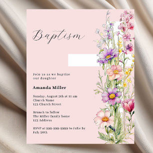 Papier Croix florale rose fille Baptême invitation