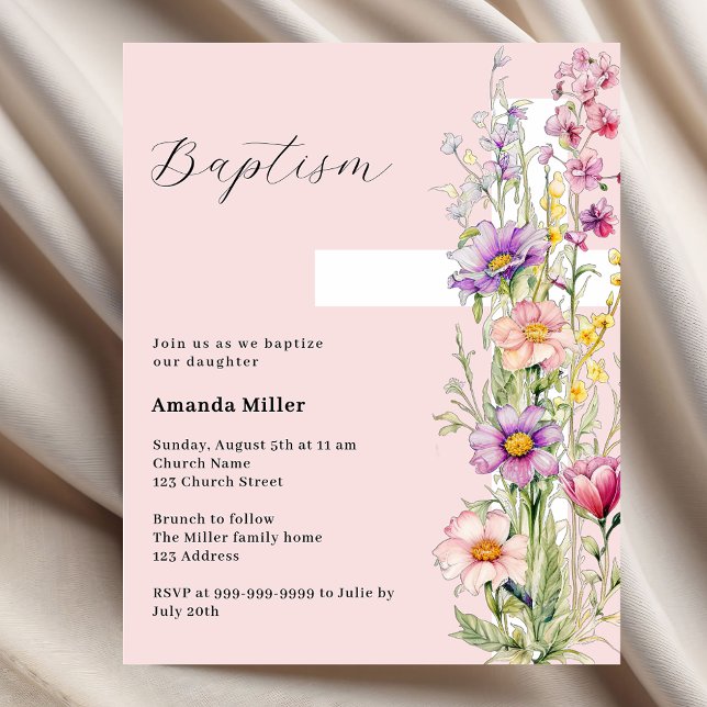 Papier Croix florale rose fille Baptême invitation (Créateur téléchargé)