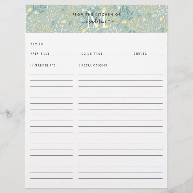 Papier Cuisine mignonne Monogramme Turquoise Floral Botan (Devant)