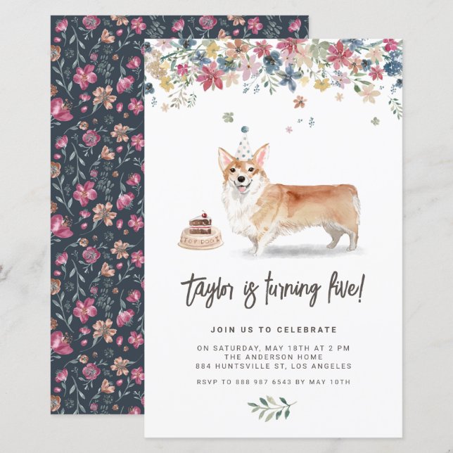 Papier Cute Aquarelle Corgi Chien Invitation Anniversaire (Devant / Derrière)