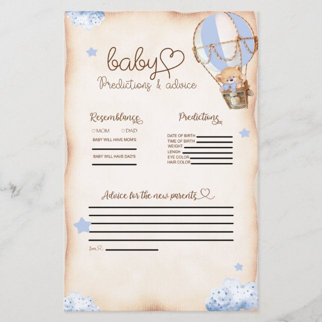 Papier Cute Bear Blue Baby Predictions & Conseils Jeu (Devant)