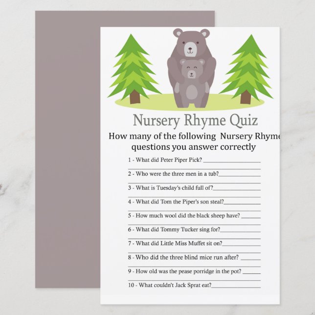 Papier Cute Bear Nursery Rhyme Quiz jeu de baby shower (Devant / Derrière)