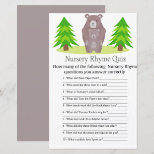 Papier Cute Bear Nursery Rhyme Quiz jeu de baby shower