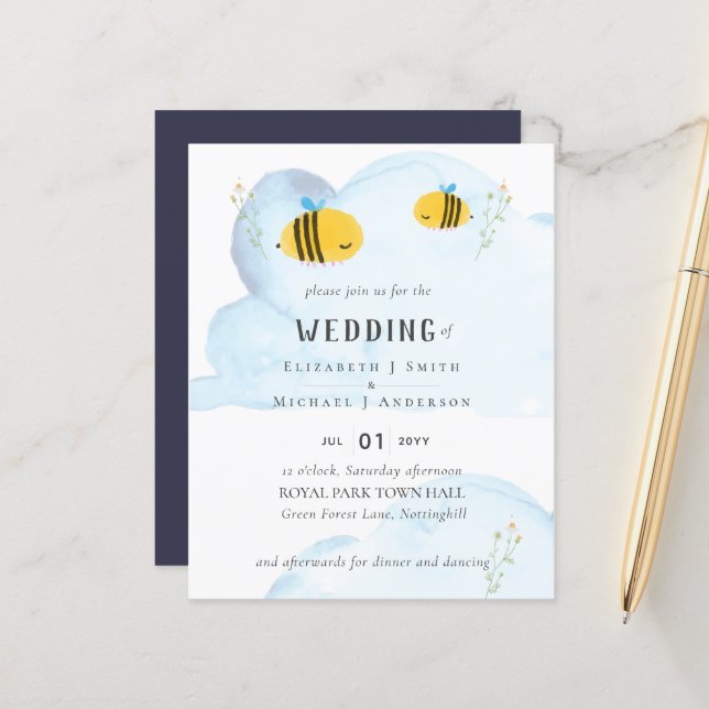 Papier Cute Bees World Aquarelle Faire-part de mariage (Devant/Arrière en situation)