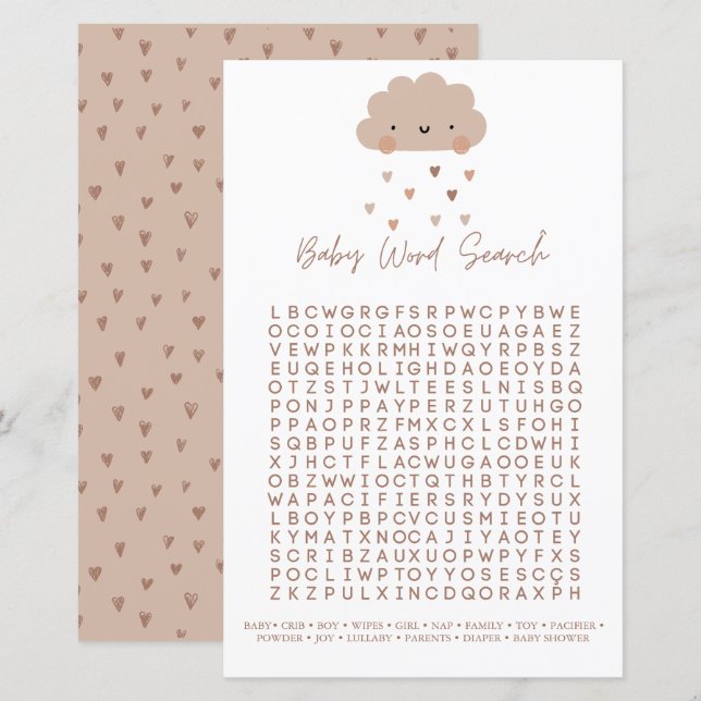Papier Cute Boho Pluie Nuage Baby shower Word Recherche J (Devant / Derrière)