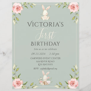 Papier Cute Bunny Premier Anniversaire Green Budget Invit