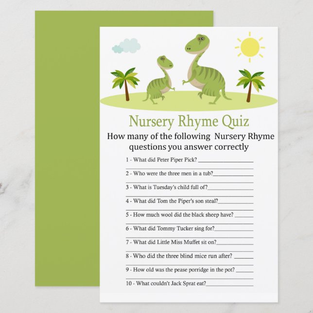 Papier Cute Dinosaur Nursery Rhyme Quiz jeu de baby showe (Devant / Derrière)