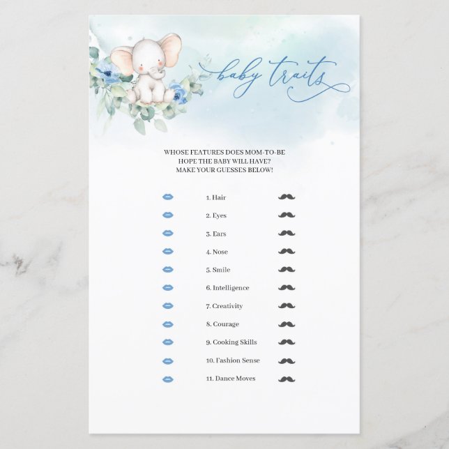 Papier Cute éléphant bleu floral eucalyptus Baby Traits (Devant)
