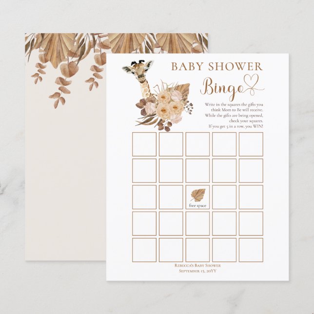 Papier Cute Giraffe Boho Grasses séchées Baby shower Bing (Devant / Derrière)