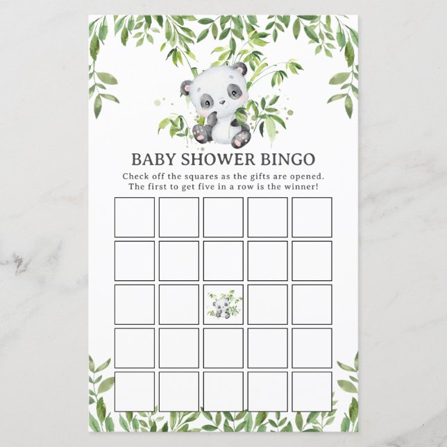 Papier Cute Panda Bear Baby shower de verdure Bingo Jeu (Devant)