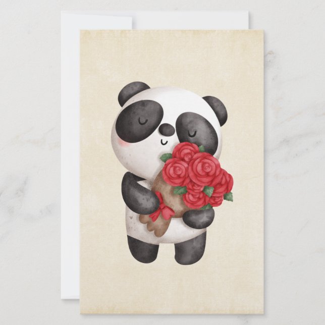 Papier Cute Panda Ours portant Bouquet de Rose (Devant)