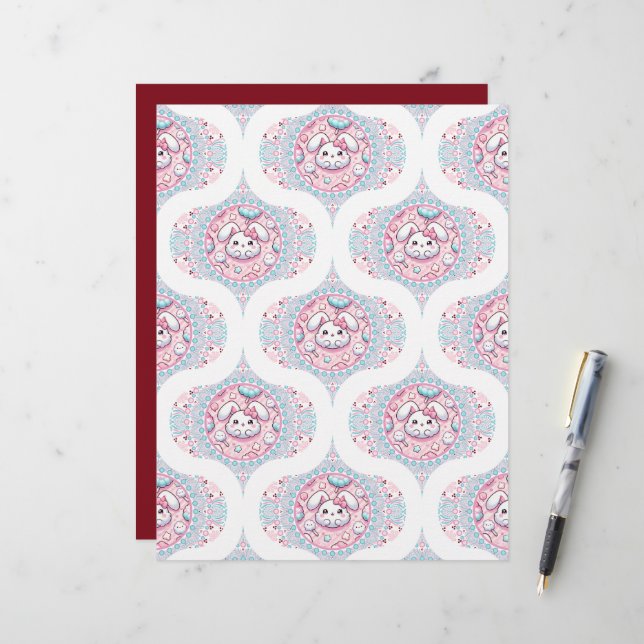 Papier Cute Pastel Kawaii Bunny Dot Mandala Retro Ogee (Devant/Arrière en situation)