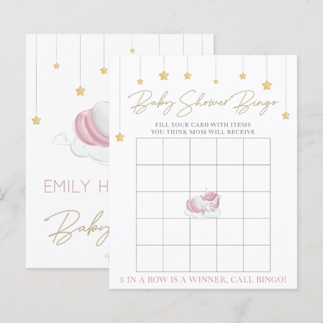 Papier Cute Pink Unicorn Baby shower Bingo Jeu (Devant / Derrière)