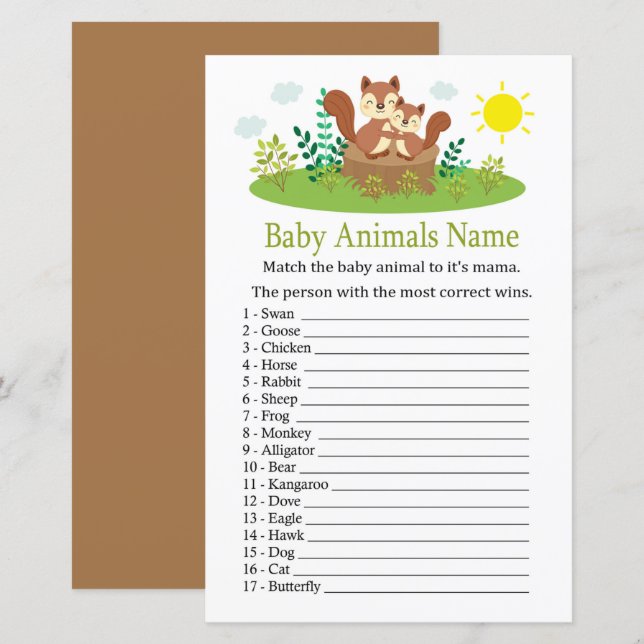 Papier Cute Squirrel Bébé Animaux Nom Jeu (Devant / Derrière)