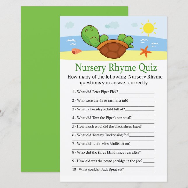 Papier Cute Turtle Nursery Rhyme Quiz jeu de baby shower (Devant / Derrière)