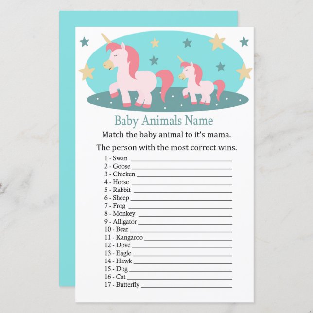 Papier Cute Unicorn Bébé Animaux Nom Jeu (Devant / Derrière)
