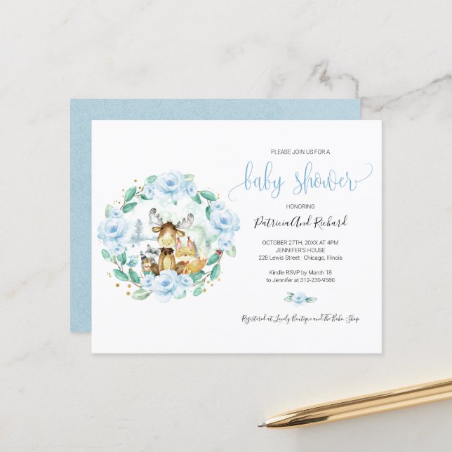 Papier Cute Woodland Animaux Végétation Baby shower Budge (Devant/Arrière en situation)