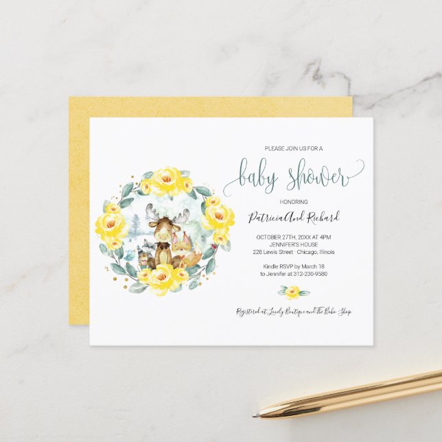 Papier Cute Woodland Animaux Végétation Baby shower Budge (Devant/Arrière en situation)